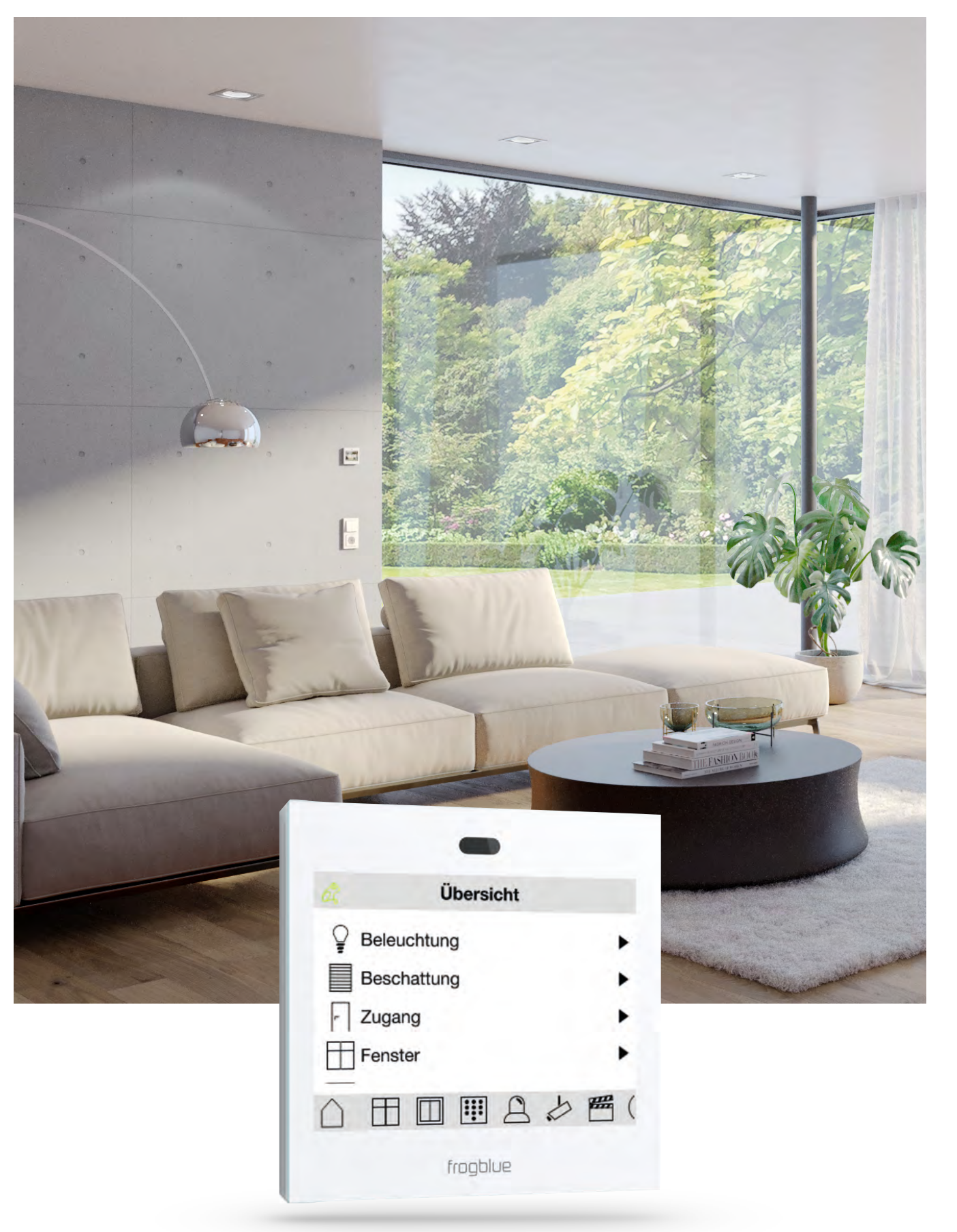 frogblue Wanddisplay mit Übersichtsmenü in einem modernen Wohnraum