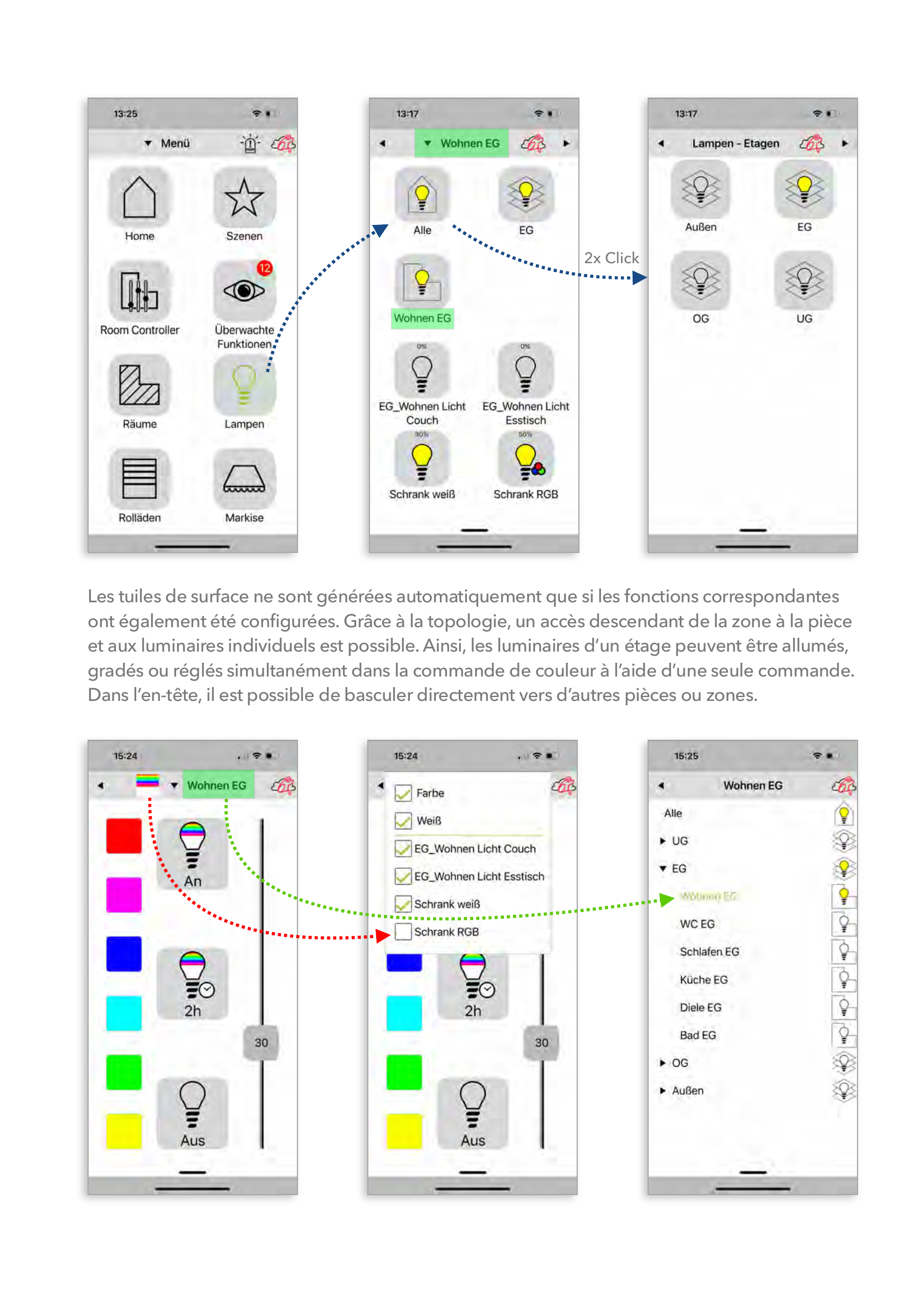Tuiles d'interface générées automatiquement sur smartphone : menu, luminaires par étage, commande de couleur et liste des pièces
