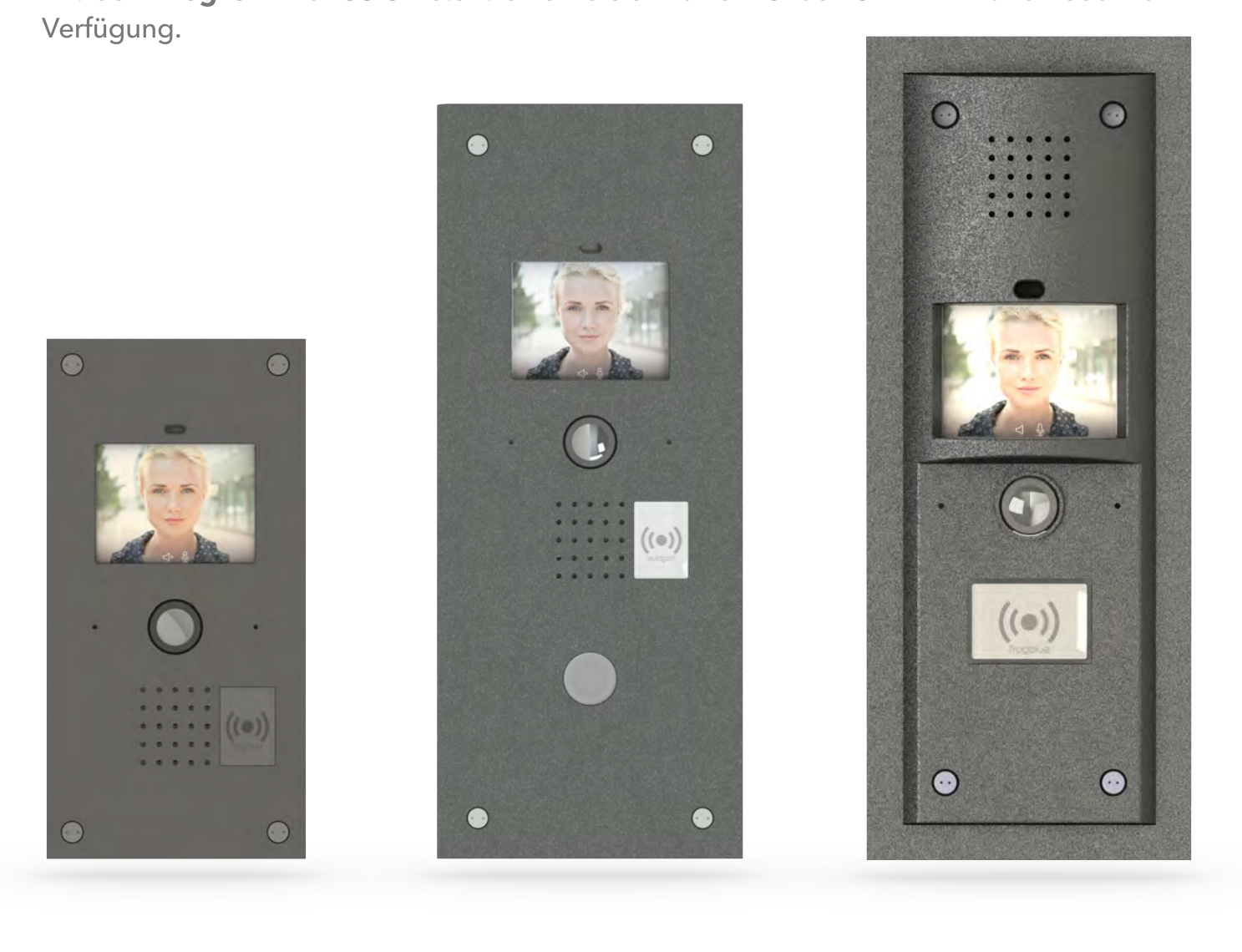 frogTerminal in Anthrazit in drei Größen, mit Display, Kamera, Lautsprecher und RFID-Leser
