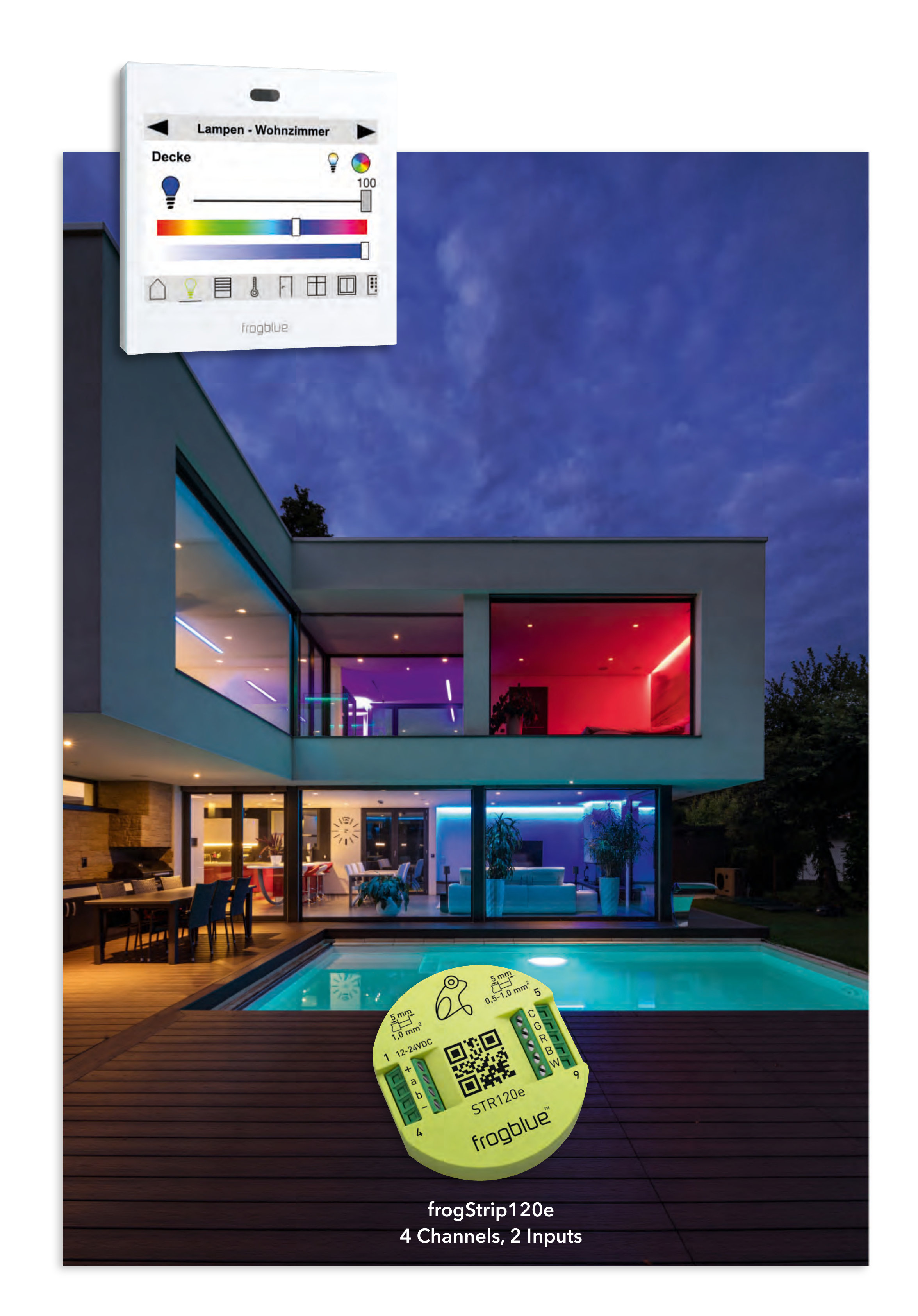 Villa at night with RGB LED illumination, frogblue wall display colour control and frogStrip120e (4 channels, 2 inputs)