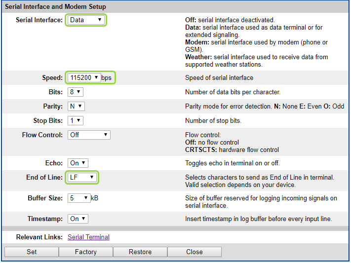 Serial Interface and Modem Setup — settings Data / 115200 bps / LF
