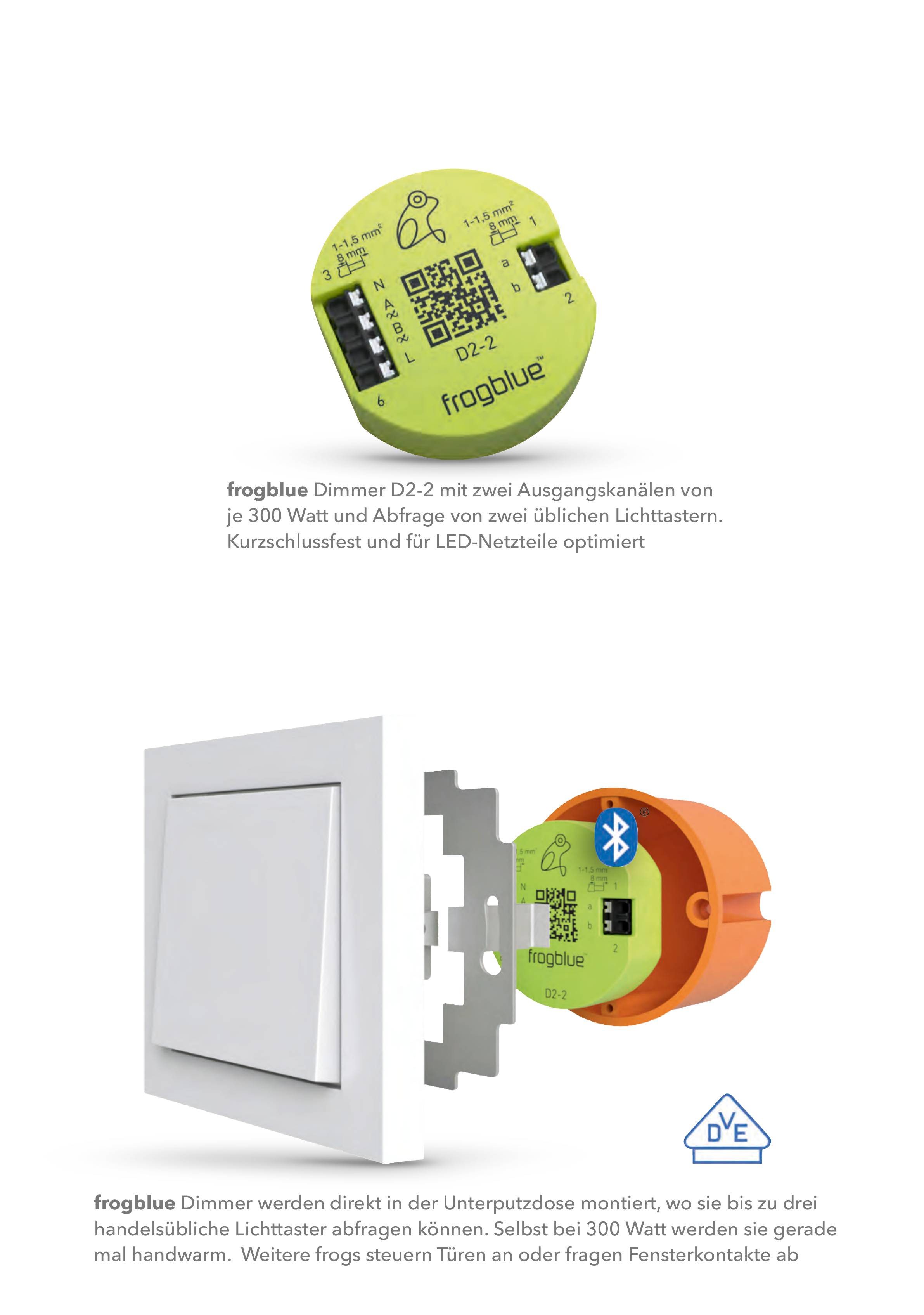 frogblue Dimmer D2-2 in der Unterputzdose hinter einem Lichttaster