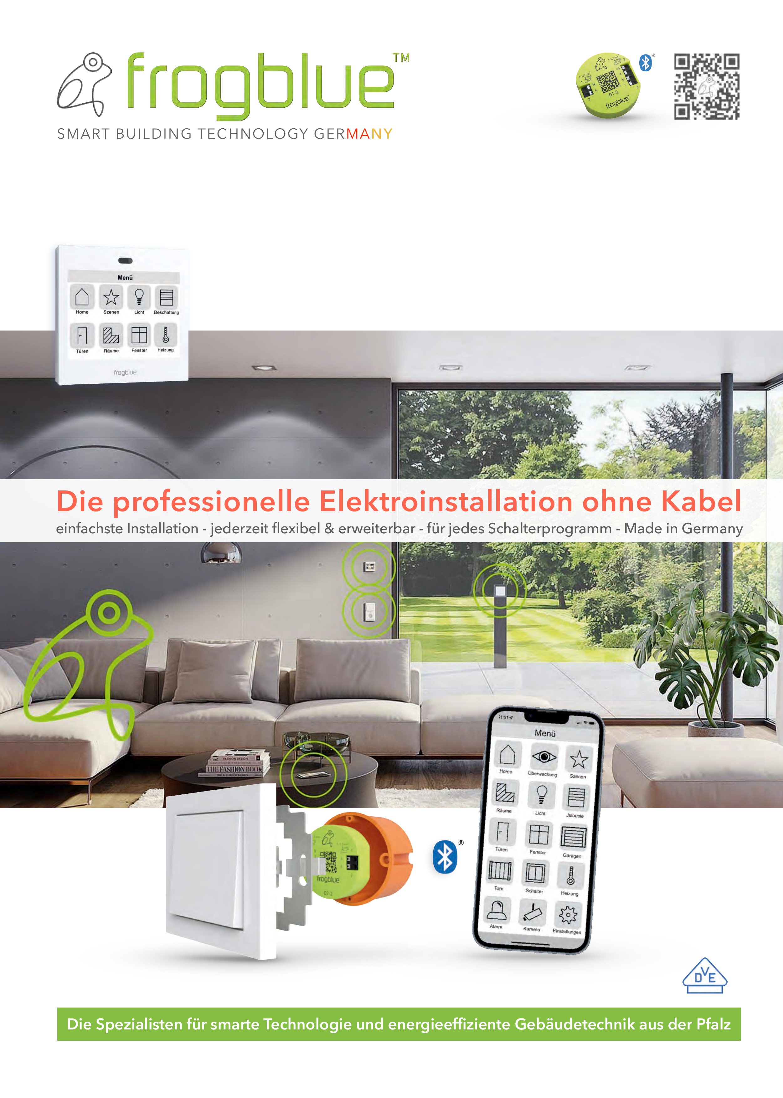 Titelseite: frogblue Smart Building Technology Germany — Die professionelle Elektroinstallation ohne Kabel
