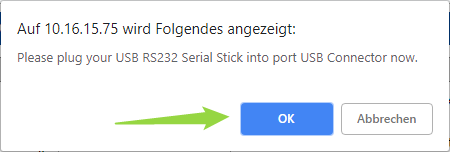 Notice dialog: insert USB stick and press OK