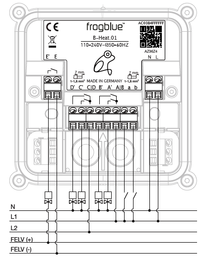 Connection example: B-Heat.01 (110-240 V~ @ 50-60 Hz) with relay outputs D'/C'/C|D/B'/A'/A|B for heating valves, inputs a/b, mains terminals N/L and FELV (+/-)