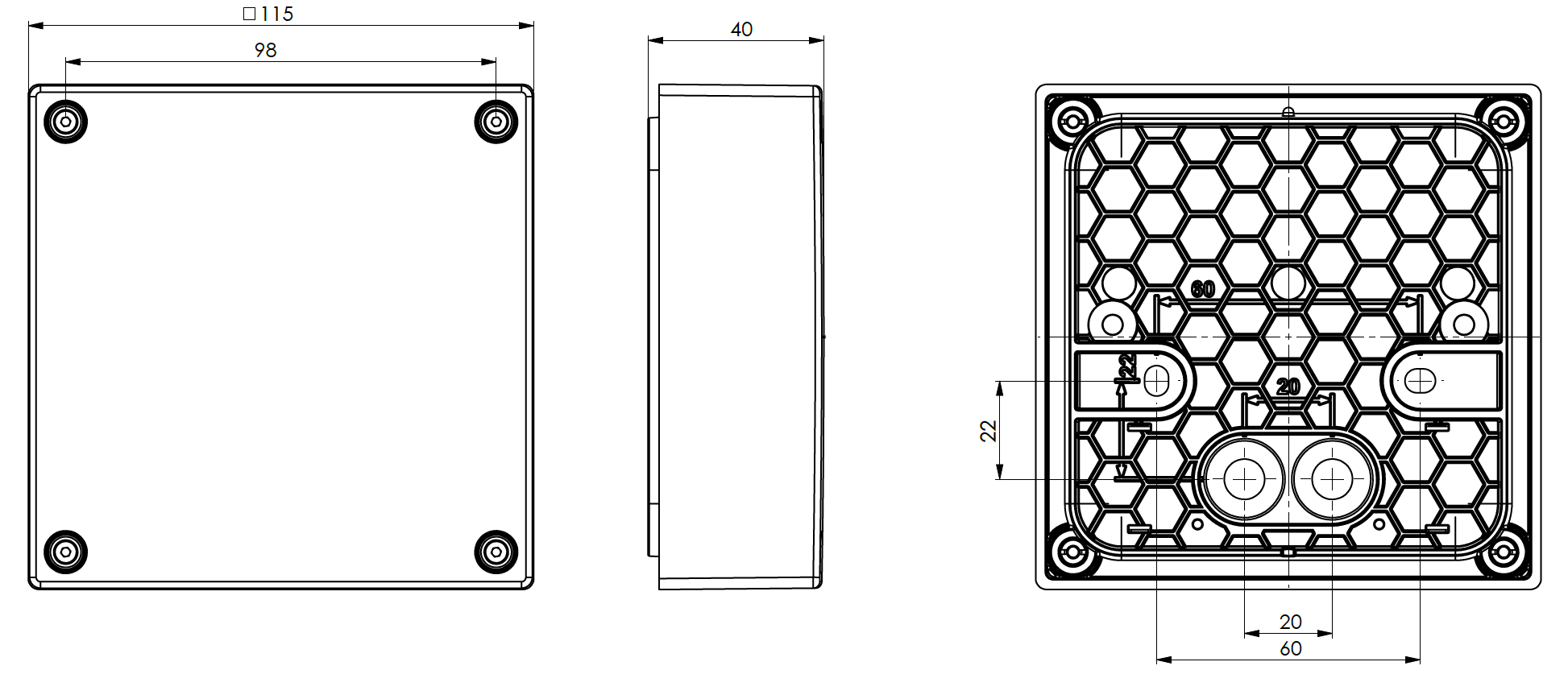 Dimension drawing: 115 x 115 mm housing, 98 mm fixing centres, 40 mm depth, cable entries 20/22/60 mm
