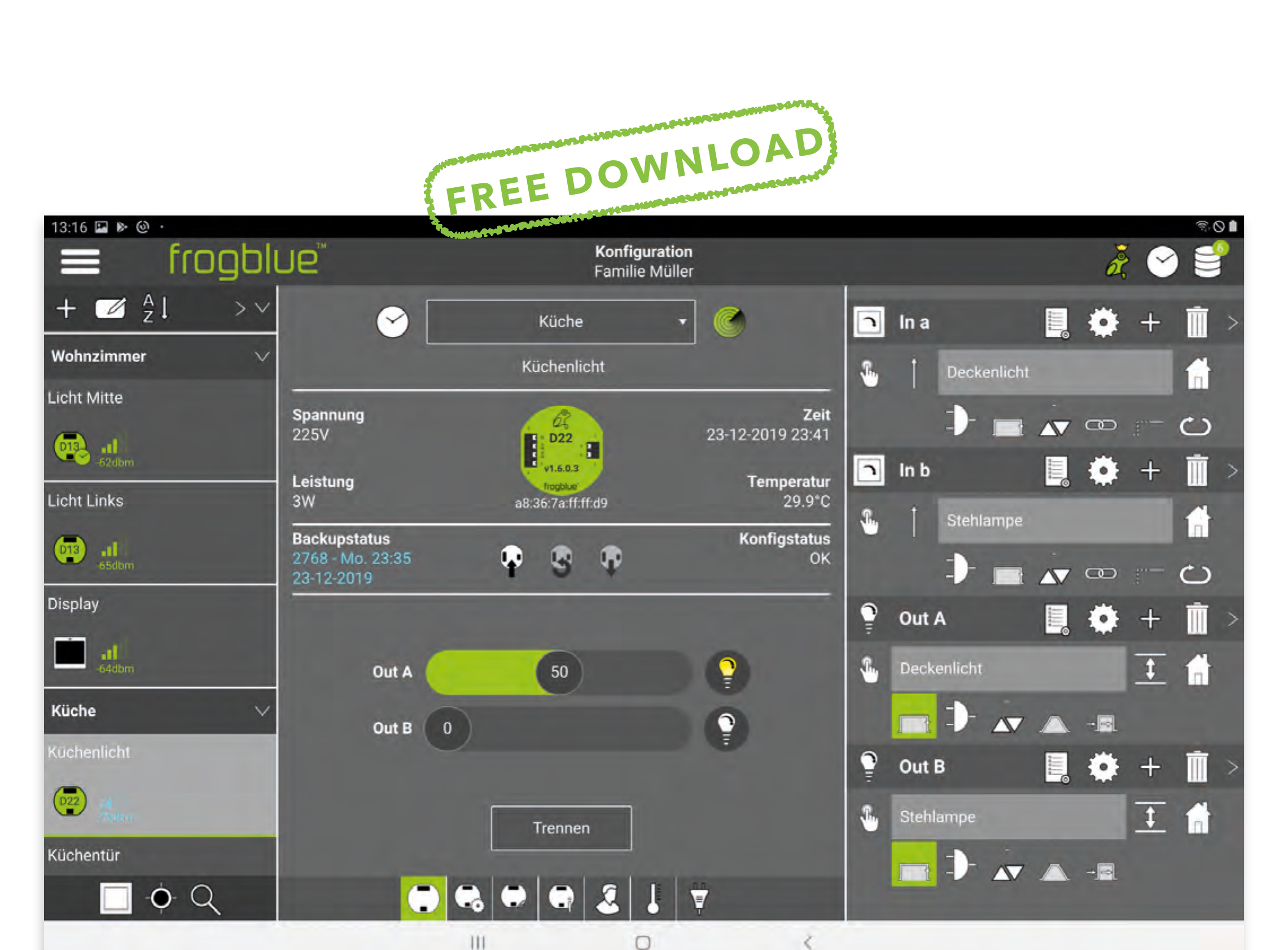 ProjectApp Konfigurationsansicht (FREE DOWNLOAD): 2-Kanal-Dimmer frogDim2-2 im Raum „Küche" mit den Leuchten „Deckenlicht" und „Stehlampe"