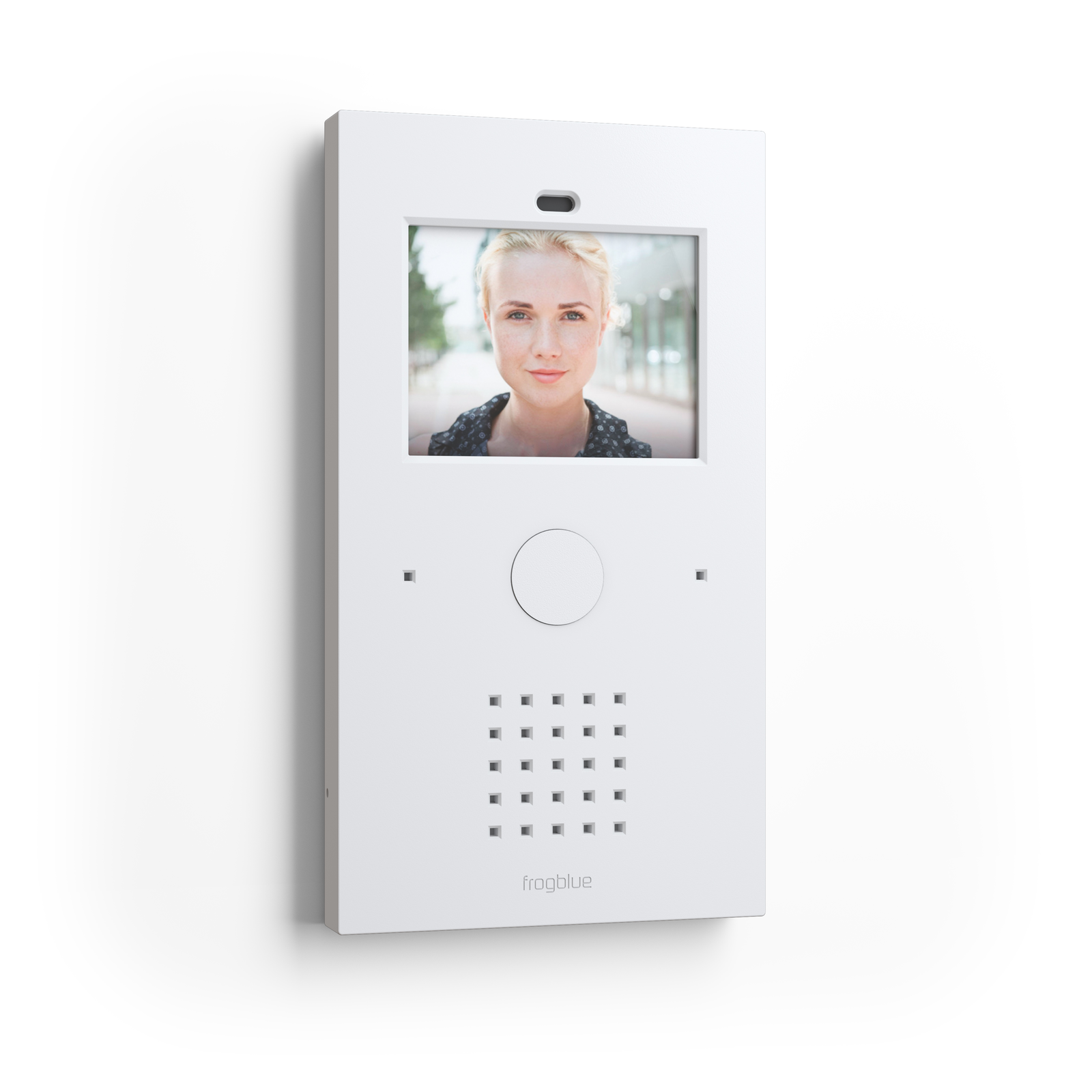 frogStation intercom with touch display, speaker and frogblue logo