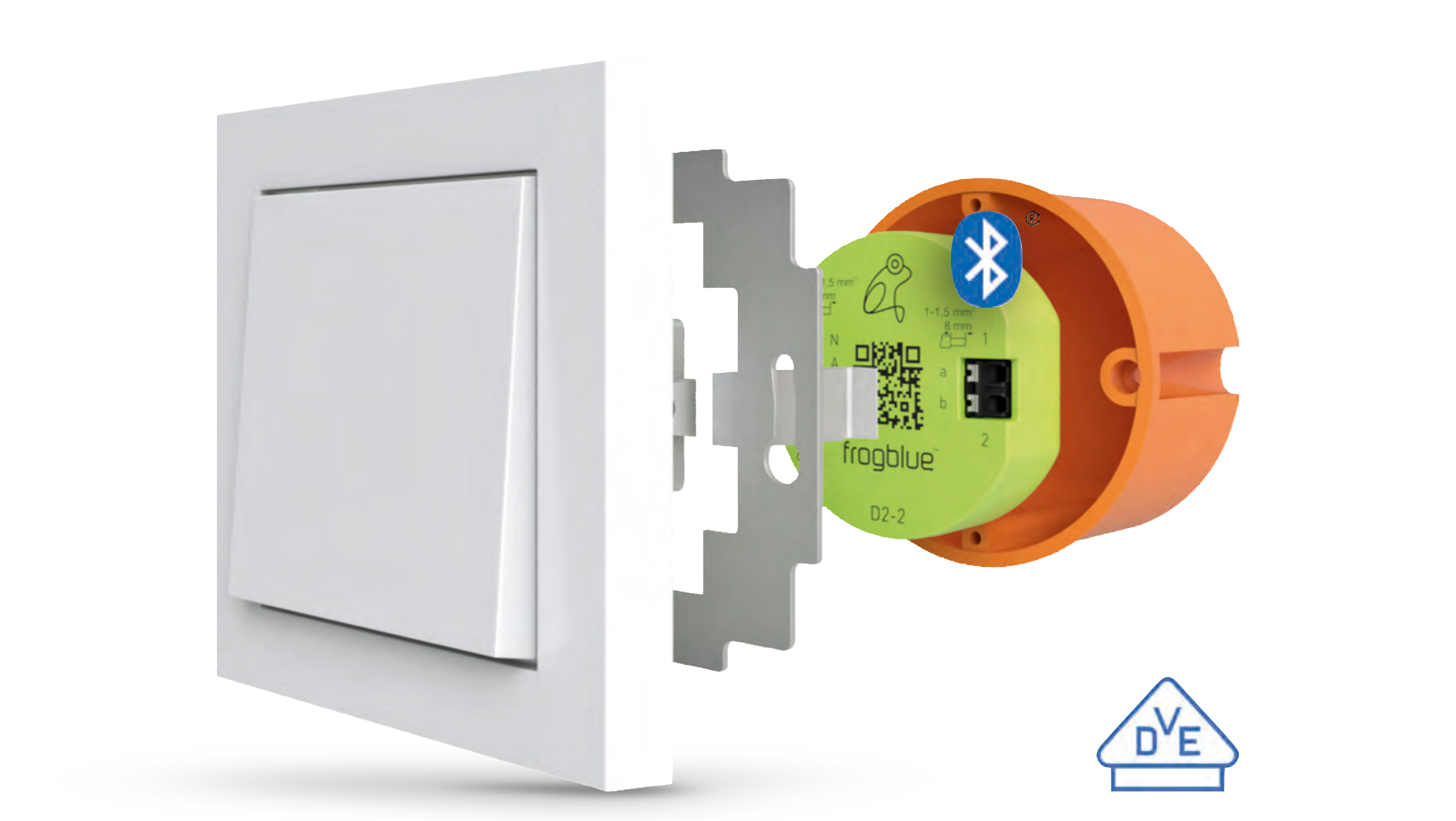 Exploded view: frogblue dimmer mounted in the flush-mount box behind a standard light switch