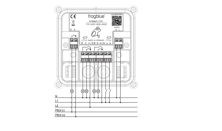 Connection example: frogBoxRelay5-2 (B-Relay5-2.01) with supply lines N, L1, L2, FELV (-) and FELV (+), lamps and blind motor on the output terminals D′/C′/C/D/B′/A′/A/B and push-buttons on inputs a/b