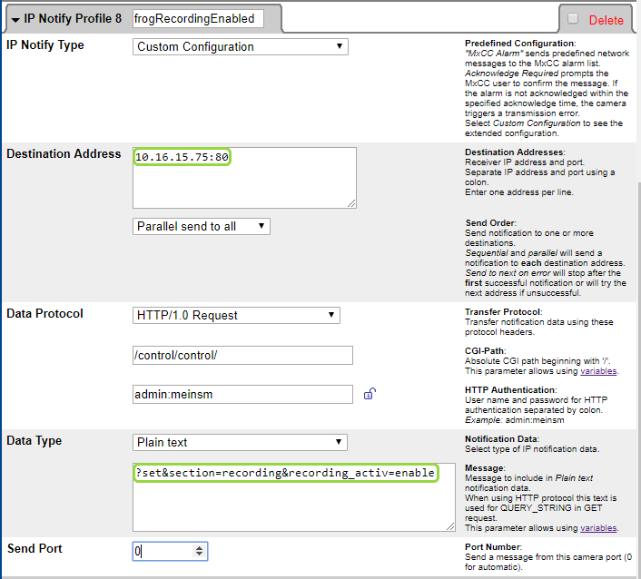 Network message frogRecordingEnabled — transfer profile
