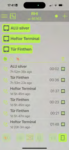 frogSIP call list showing missed and answered calls with timestamps