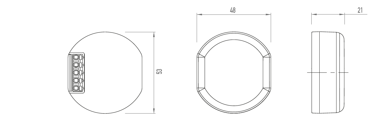 Maßzeichnung: 53 mm Durchmesser, 48 mm Breite, 21 mm Tiefe