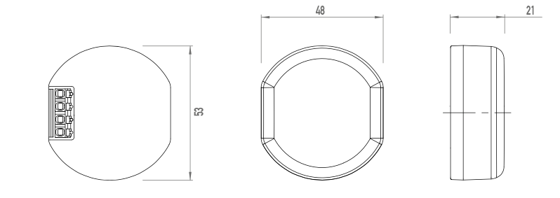 Dimension drawing: 53 mm diameter, 48 mm width, 21 mm depth