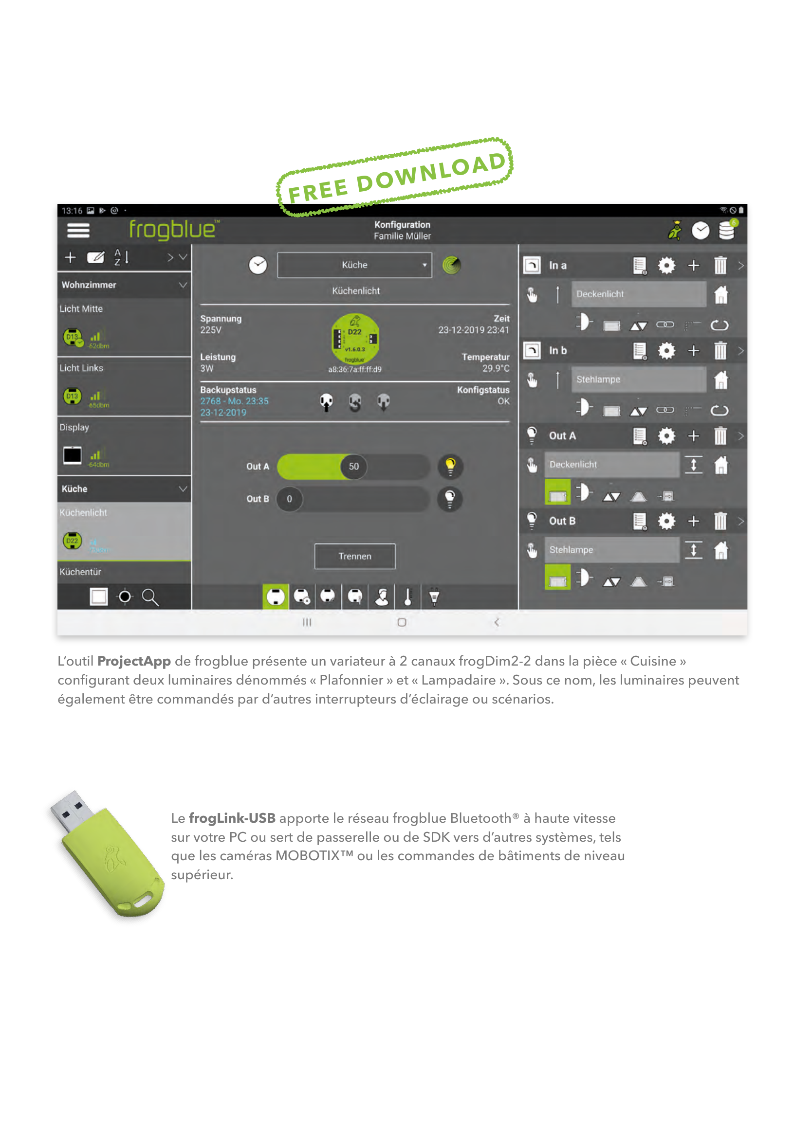 L'outil ProjectApp (FREE DOWNLOAD) avec la configuration d'un variateur à 2 canaux frogDim2-2, et le frogLink-USB