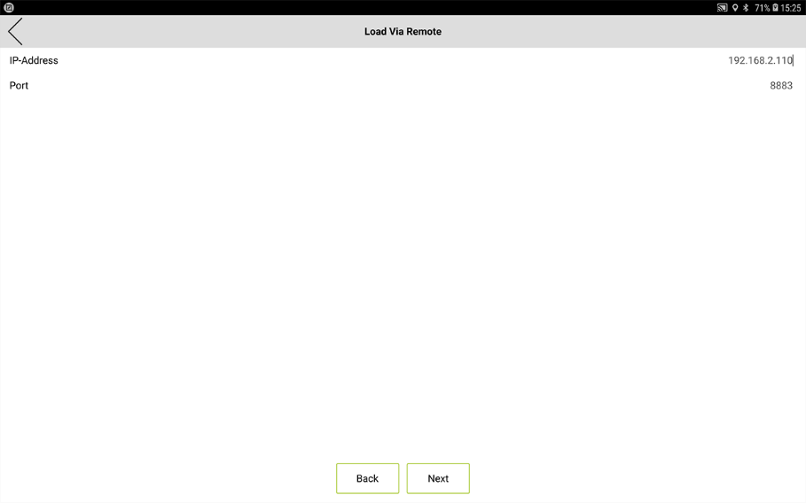 Screen with the IP address and the port of the frogDisplay