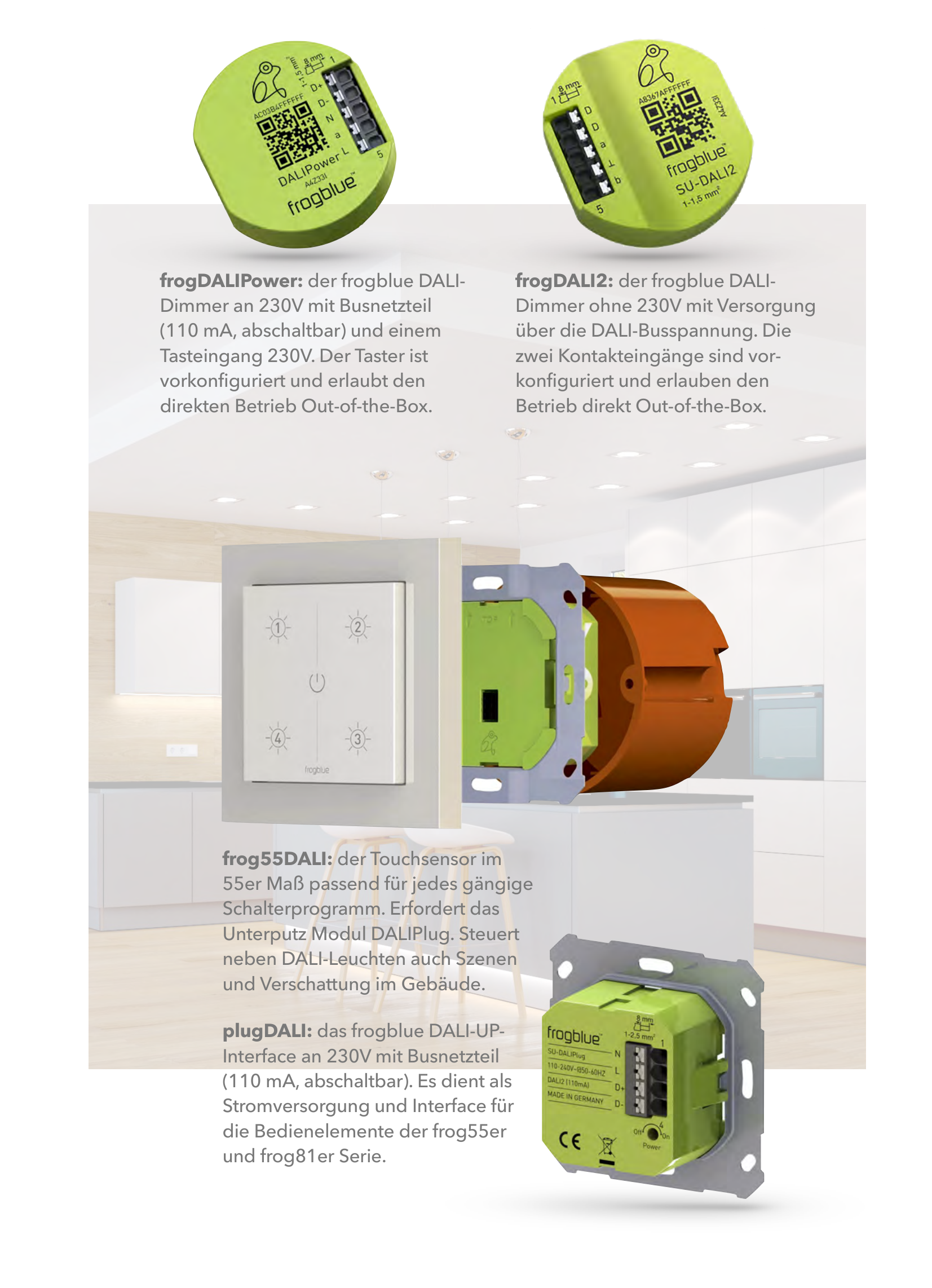 frogblue DALI-Produkte: frogDALIPower, frogDALI2, frog55DALI Touchsensor und plugDALI UP-Interface