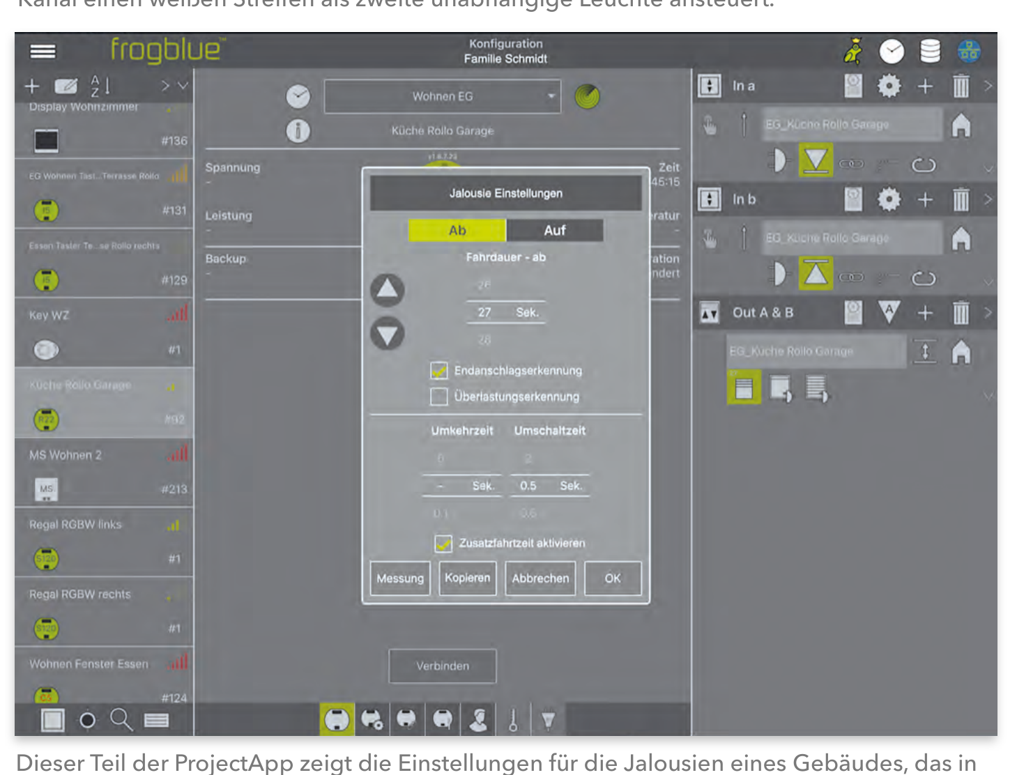 ProjectApp-Dialog für Jalousie-Einstellungen mit Laufzeit, Endlagenerkennung und Umkehrzeit
