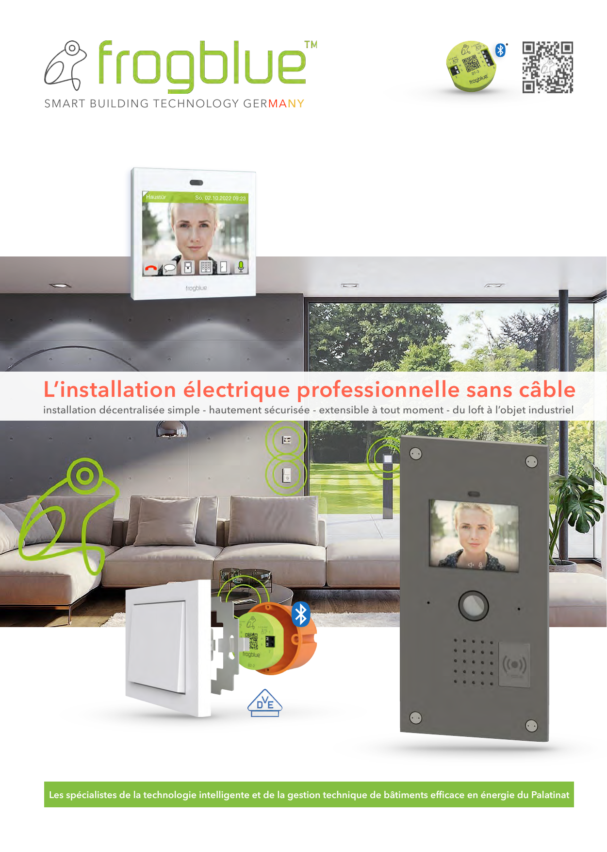 Couverture de la brochure frogblue : frogDisplay avec interphone vidéo, frog jaune, interrupteur standard avec frog encastré et station de porte frogTerminal