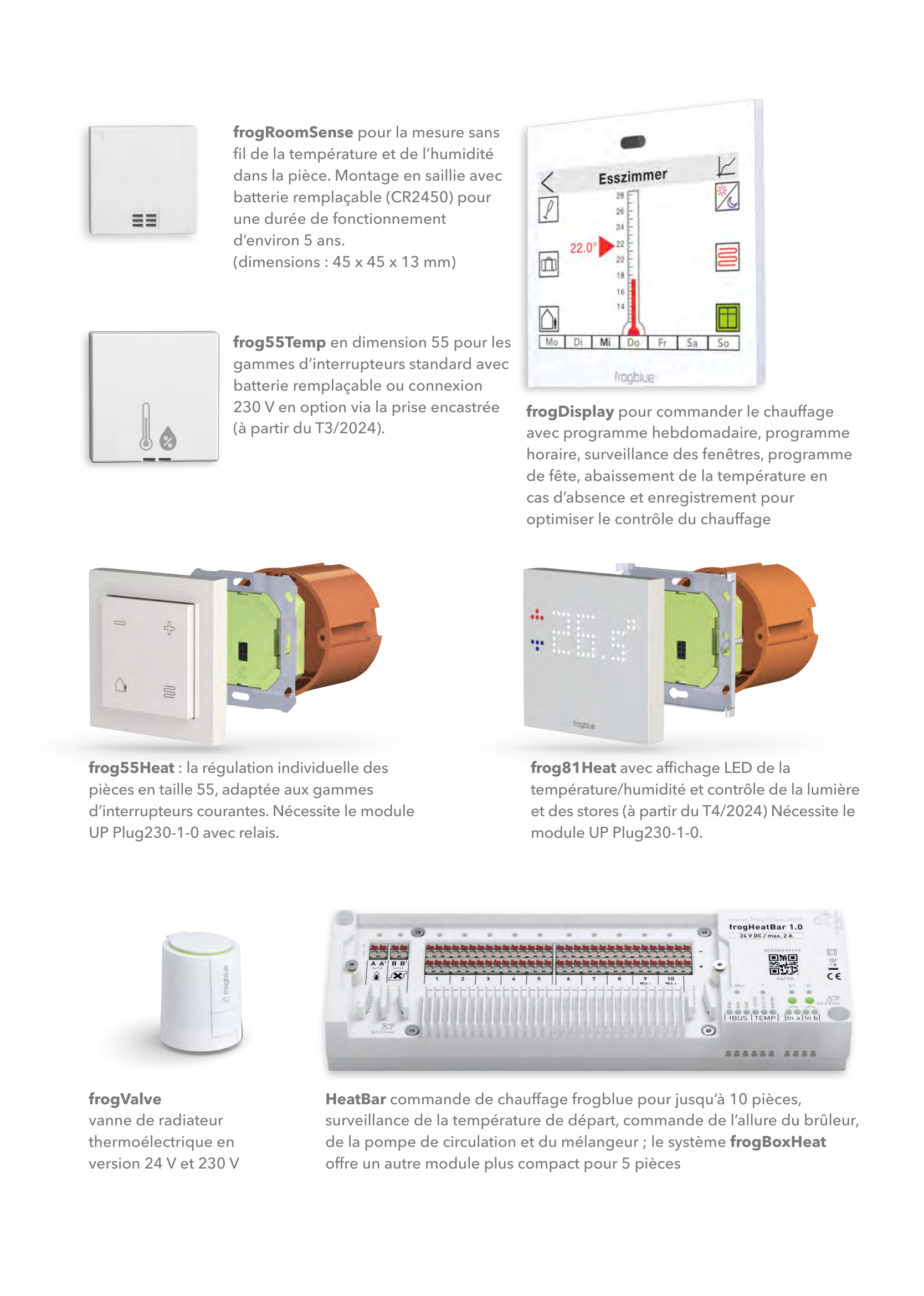 Produits de chauffage frogblue : frogRoomSense, frog55Temp, frogDisplay, frog55Heat, frog81Heat, frogValve et HeatBar