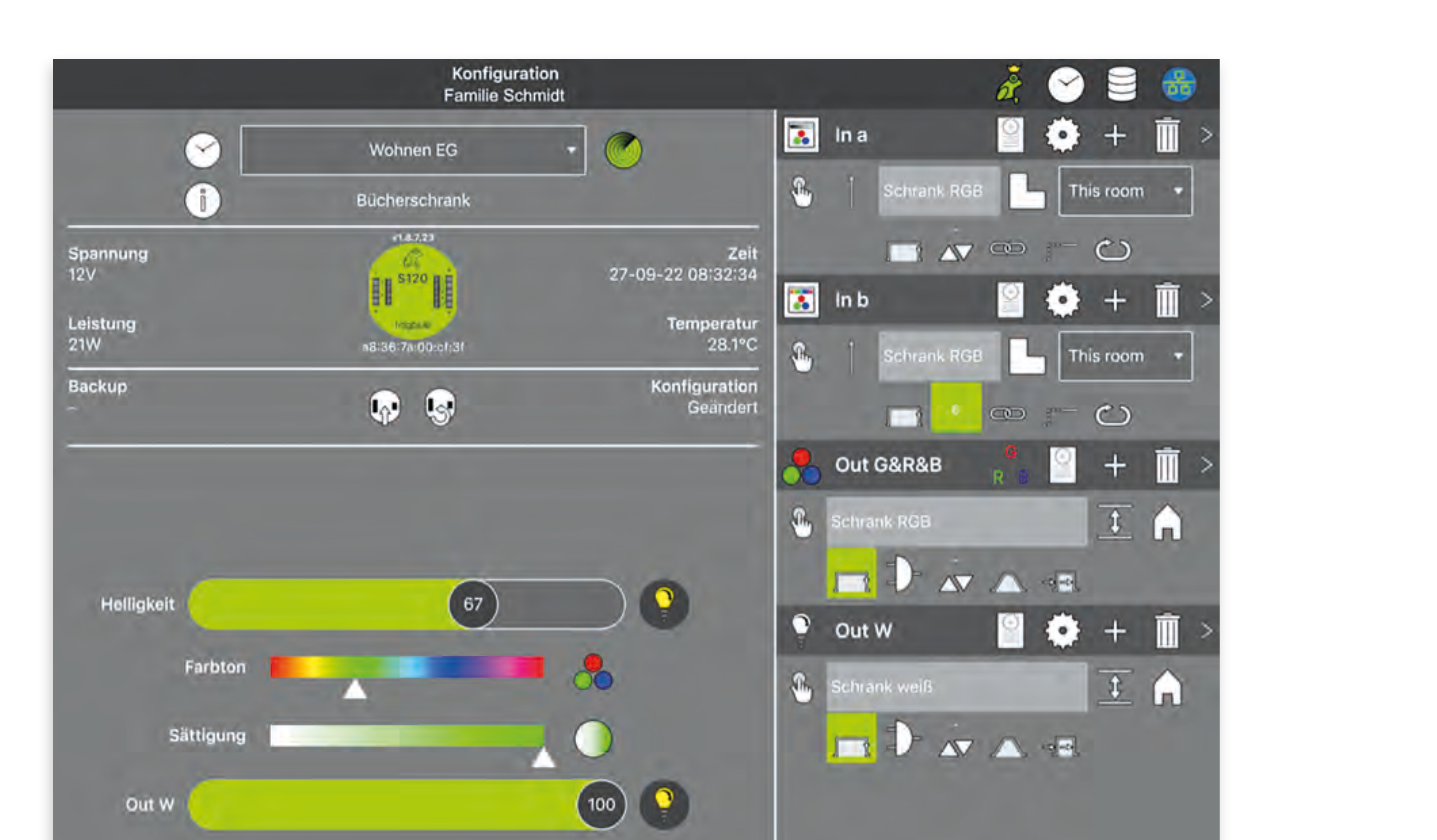 ProjectApp: Einstellungen eines frogStrip120e mit Helligkeit, Farbton und Sättigung