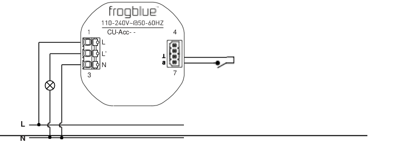 Exemple de raccordement : CU-Acc, bornes L/L’/N (1, 3), sortie de commutation a/⊥ (4, 7) avec contact sans potentiel