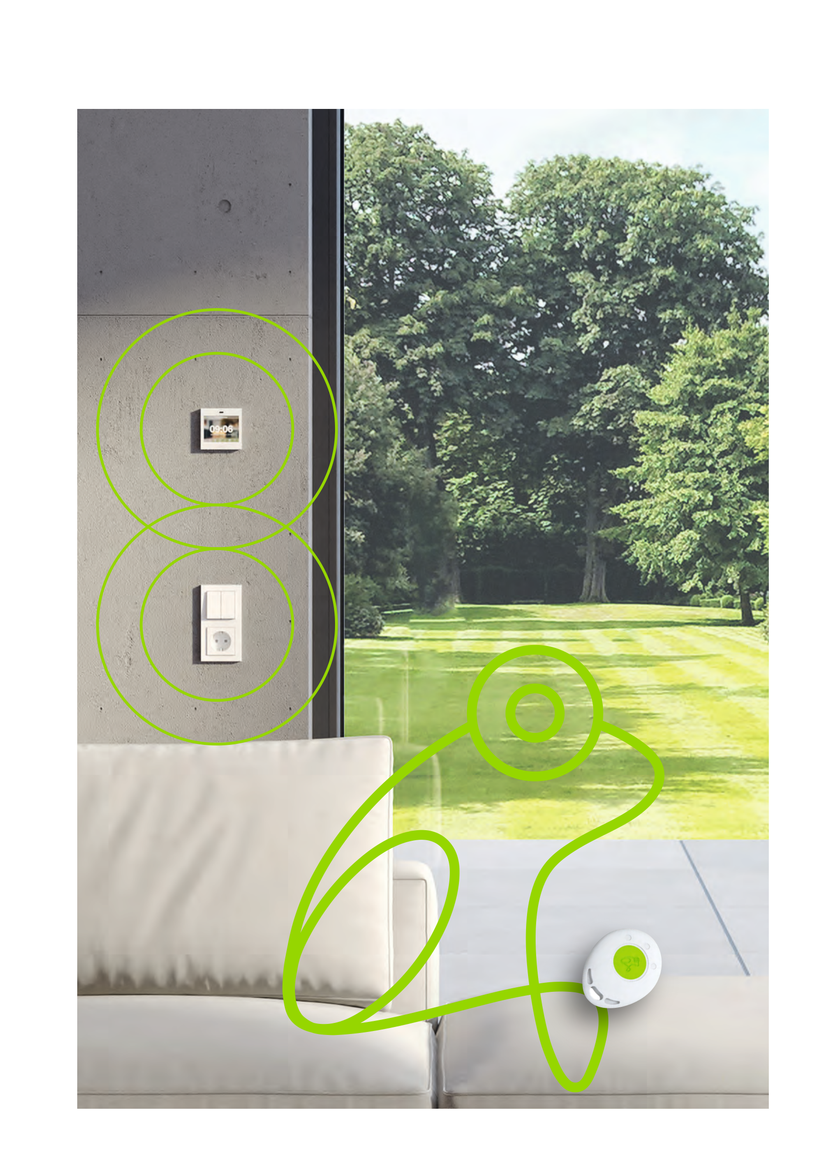 Wohnraum mit frogblue Wandschaltern und frogKey-Fernbedienung, verbunden durch die frogblue Frosch-Kontur