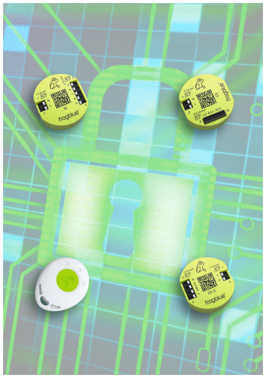 Verschlüsselung: frog-Module und frogKey um ein leuchtendes Schloss auf einer Platine