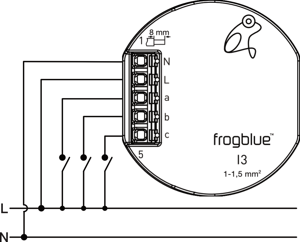 Connection example: terminals N, L, a, b, c with three switches connected to mains L/N