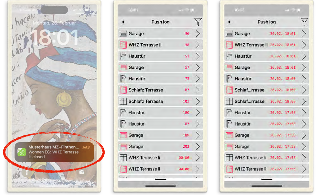 Smartphone-Sperrbildschirm mit Push-Nachricht und Push-Log mit zeitgestempelten Tür- und Fensterereignissen