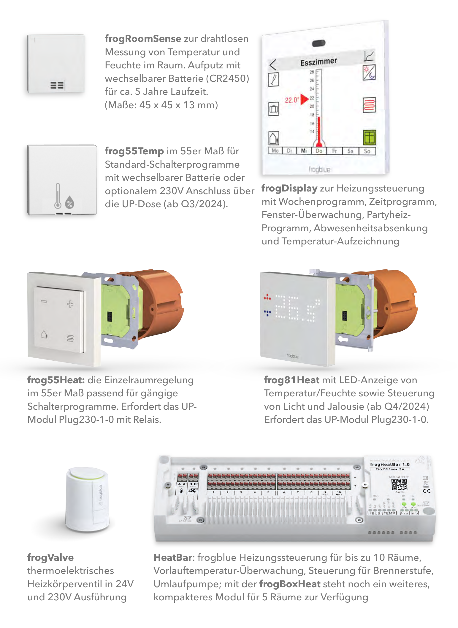 frogblue Heizungs-Produktpalette: frogRoomSense, frog55Temp, frogDisplay, frog55Heat, frog81Heat, frogValve und HeatBar