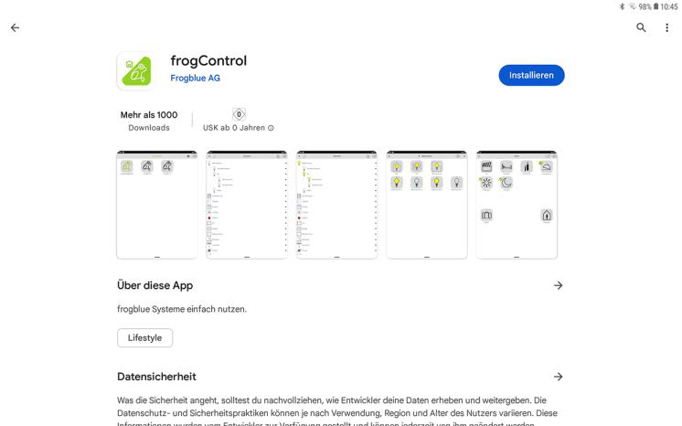 frogControl app in the Google Play Store