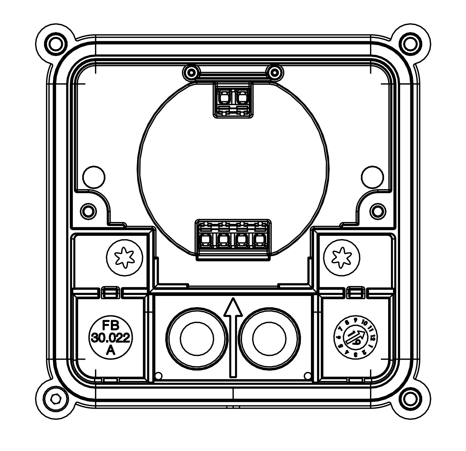 Connection example: opened frogBoxOutdoor with mounting space for a frog (FB 30.022 A) and two cable feeds