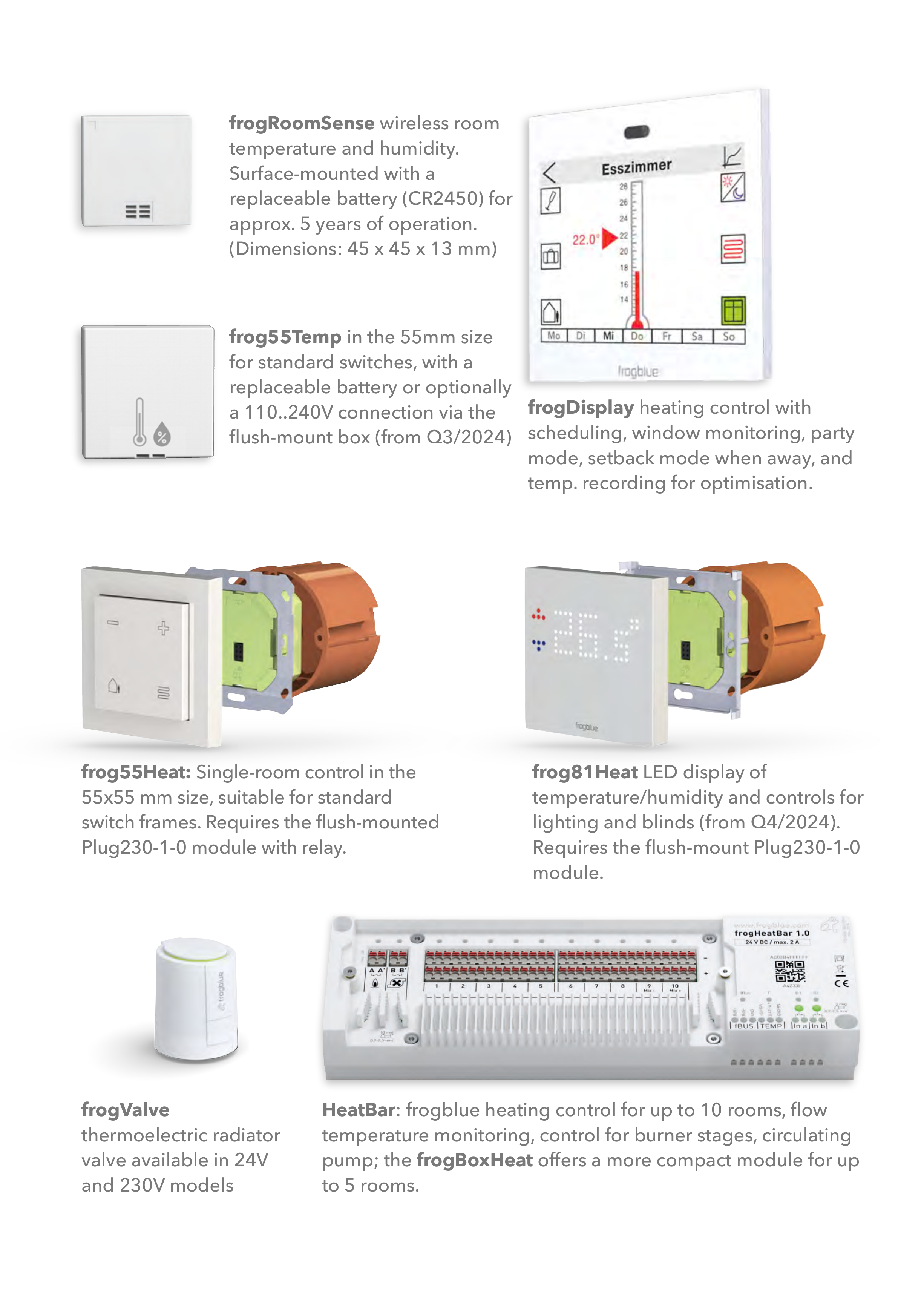 frogblue heating product range: frogRoomSense, frog55Temp, frogDisplay, frog55Heat, frog81Heat, frogValve and HeatBar