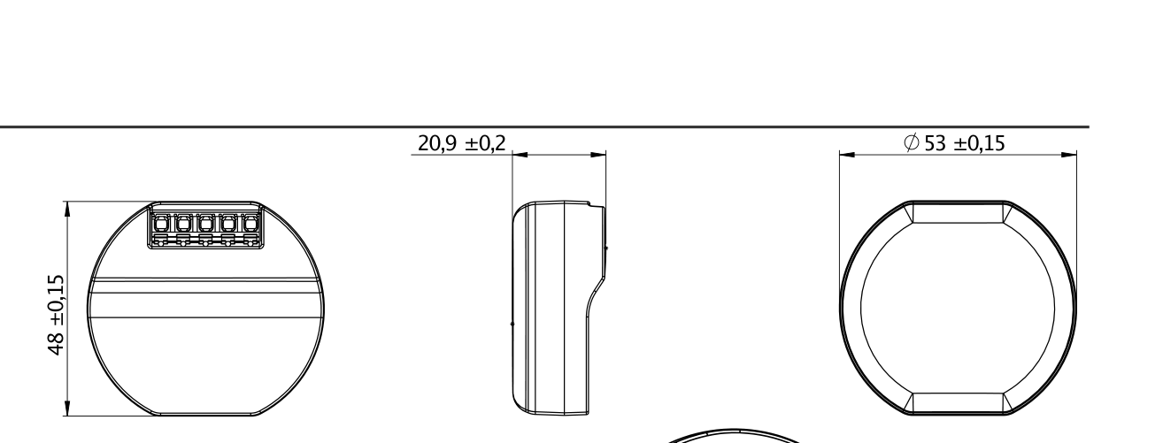 Dimension drawing: 48 ±0,15 mm height, 20,9 ±0,2 mm depth, Ø 53 ±0,15 mm