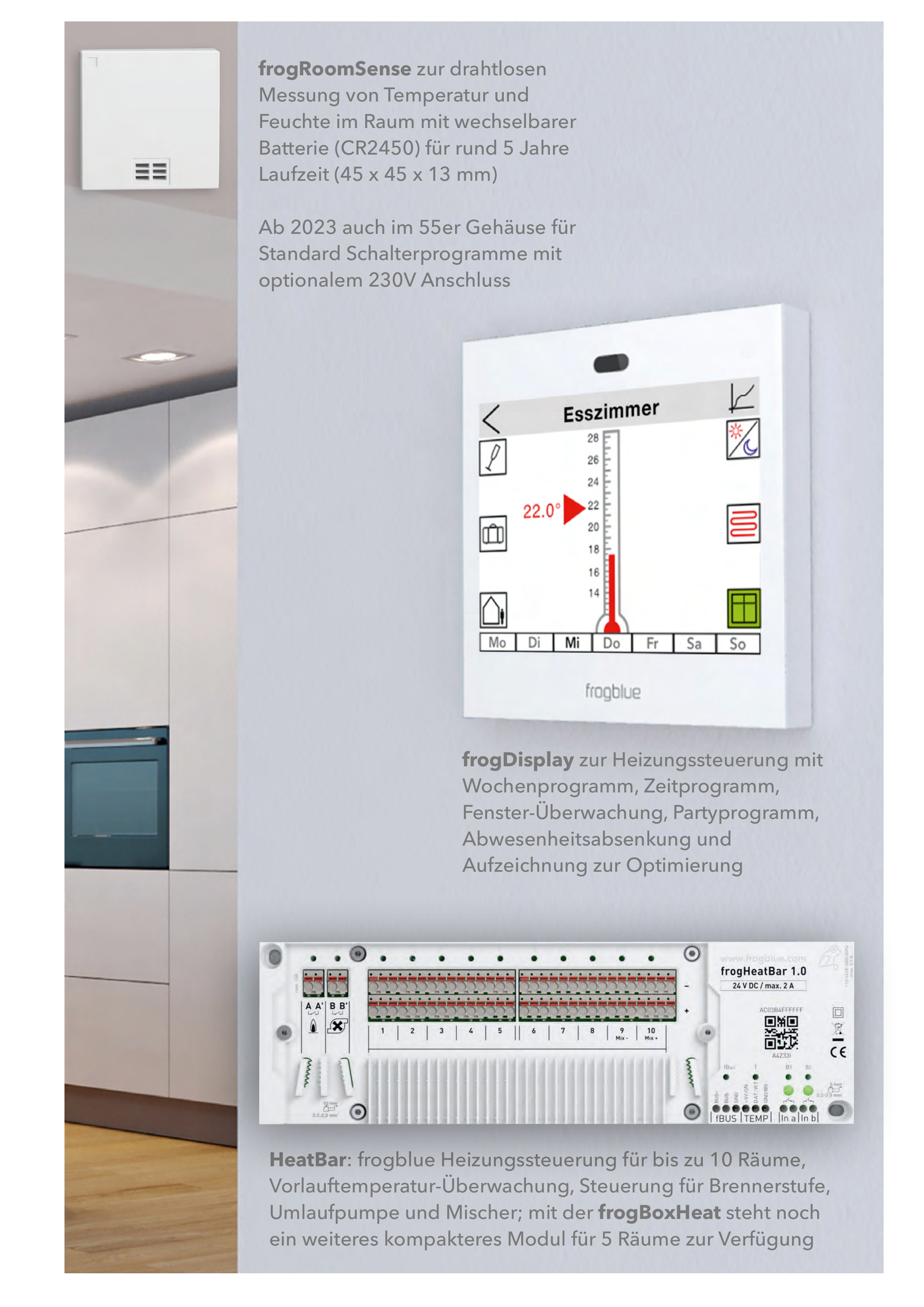 Heizungssteuerung: frogRoomSense an der Wand, frogDisplay mit Raumthermostat „Esszimmer" und frogHeatBar 1.0