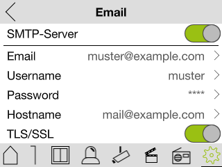 frogDisplay Email settings screen with SMTP-Server, Email, Username, Password, Hostname and TLS/SSL fields