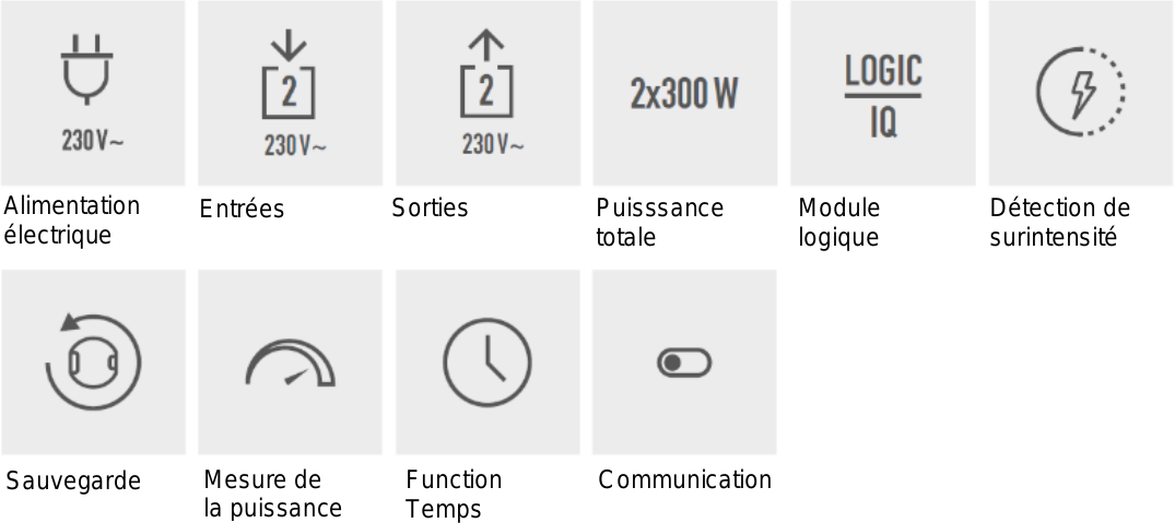 Alimentation électrique (230 V~), Entrées (2 × 230 V~), Sorties (2 × 230 V~), Puisssance totale (2x300 W), Module logique, Détection de surintensité, Sauvegarde, Mesure de la puissance, Function Temps, Communication