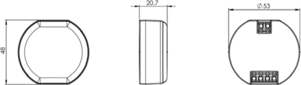 Dessin coté : hauteur 48 mm, profondeur 20,7 mm, diamètre Ø 53 mm