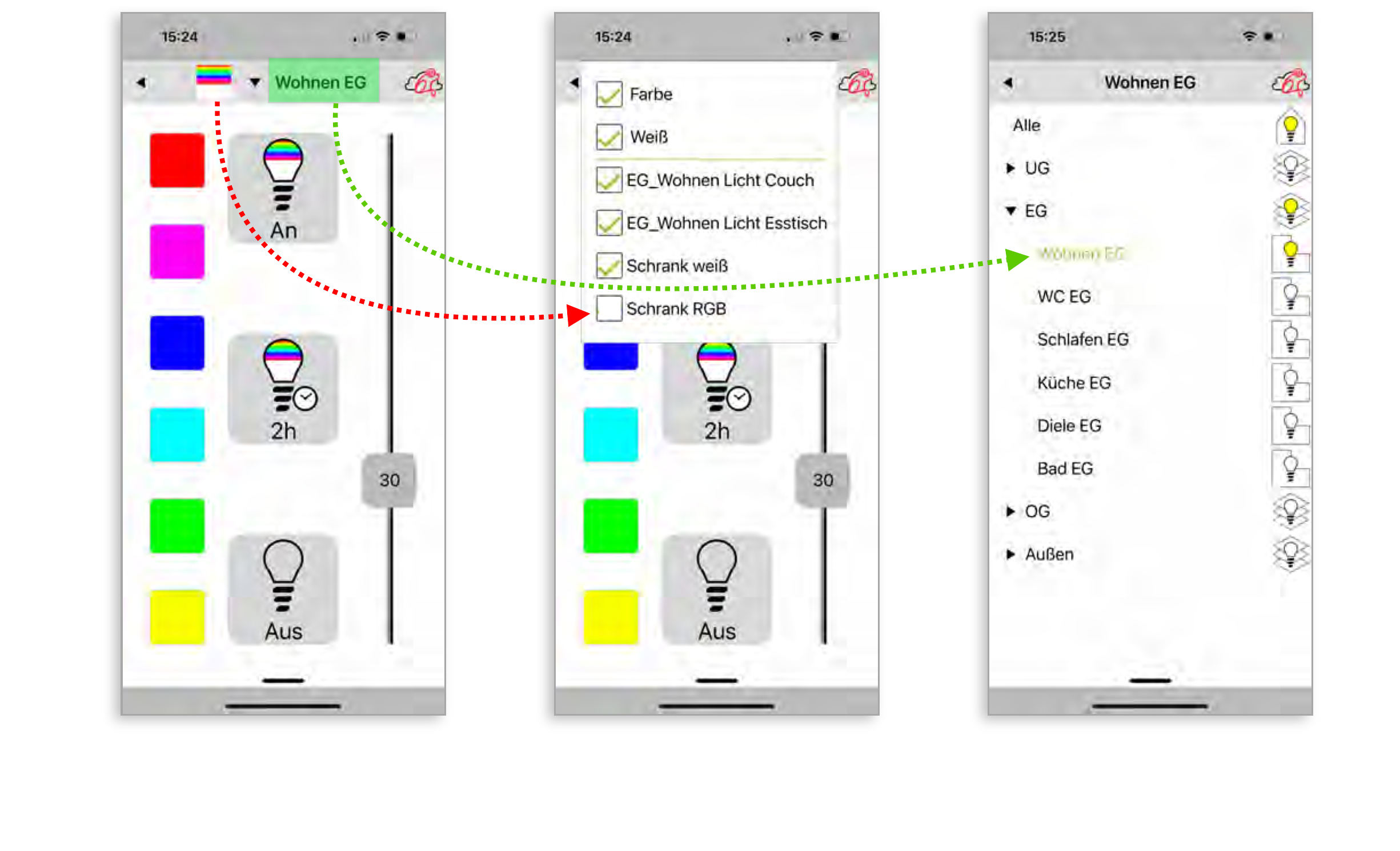 App screens for colour selection, light groups and room list with light status