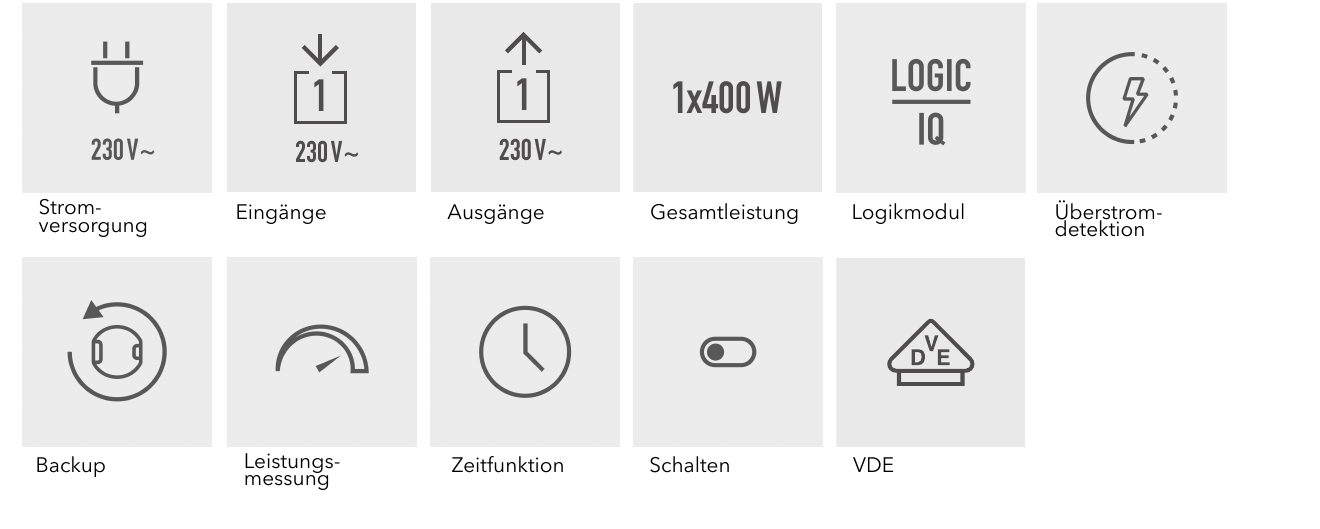 Stromversorgung (230 V~), Eingänge (1, 230 V~), Ausgänge (1, 230 V~), Gesamtleistung (1x400 W), Logikmodul, Überstromdetektion, Backup, Leistungsmessung, Zeitfunktion, Schalten, VDE