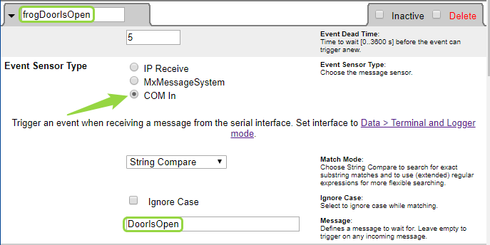 Message event frogDoorIsOpen — COM In, String Compare DoorIsOpen