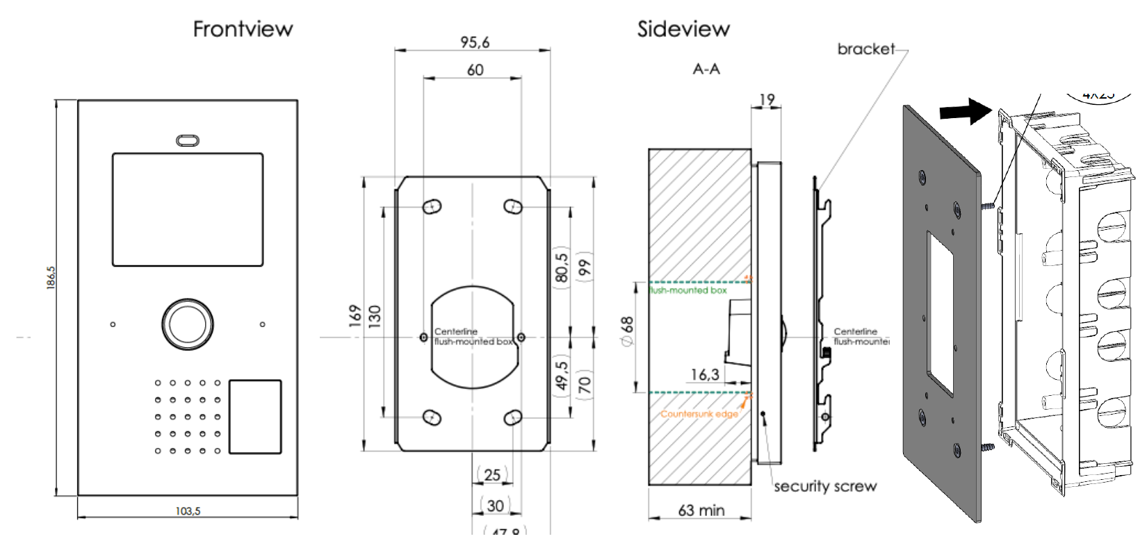Maßzeichnung: Frontview (186,5 x 103,5 mm), Lochbild Unterputzdose (95,6 x 169 mm), Sideview A-A (Dosentiefe min. 63 mm, Ø 68) und frogPlate-Montage mit Unterputzdose — Montageart: Aufputz, Montageart: frogPlate