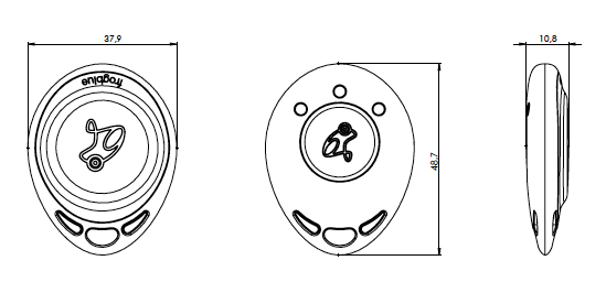 Maßzeichnung frogKey-RFID: 37,9 mm Breite, 48,7 mm Höhe, 10,8 mm Tiefe