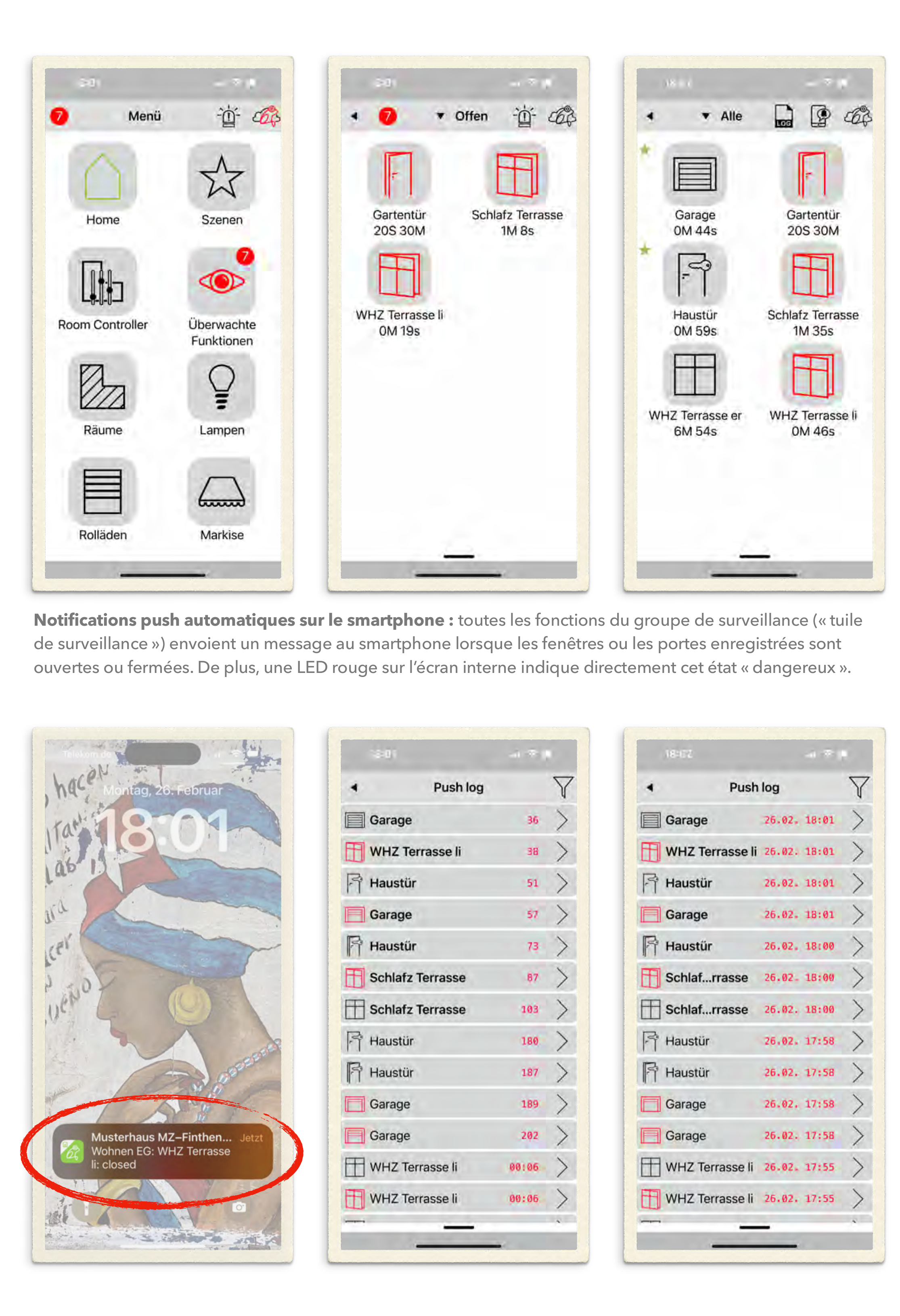 Écrans smartphone : menu de surveillance, fenêtres et portes ouvertes, notification push et journal des événements (push log)