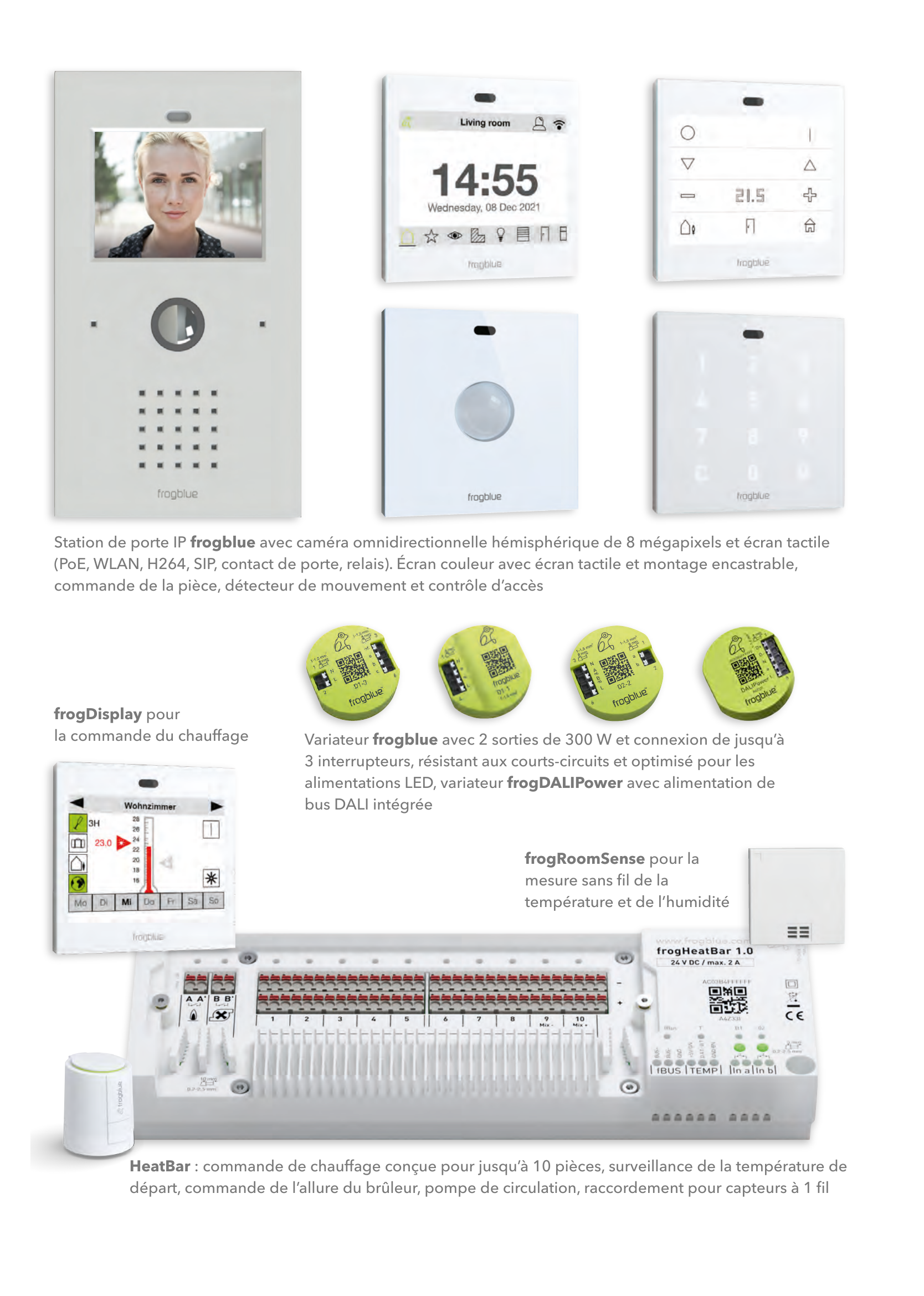 Gamme de produits frogblue : station de porte IP, frogDisplay, cubes tactiles, frogs variateurs, frogRoomSense et HeatBar