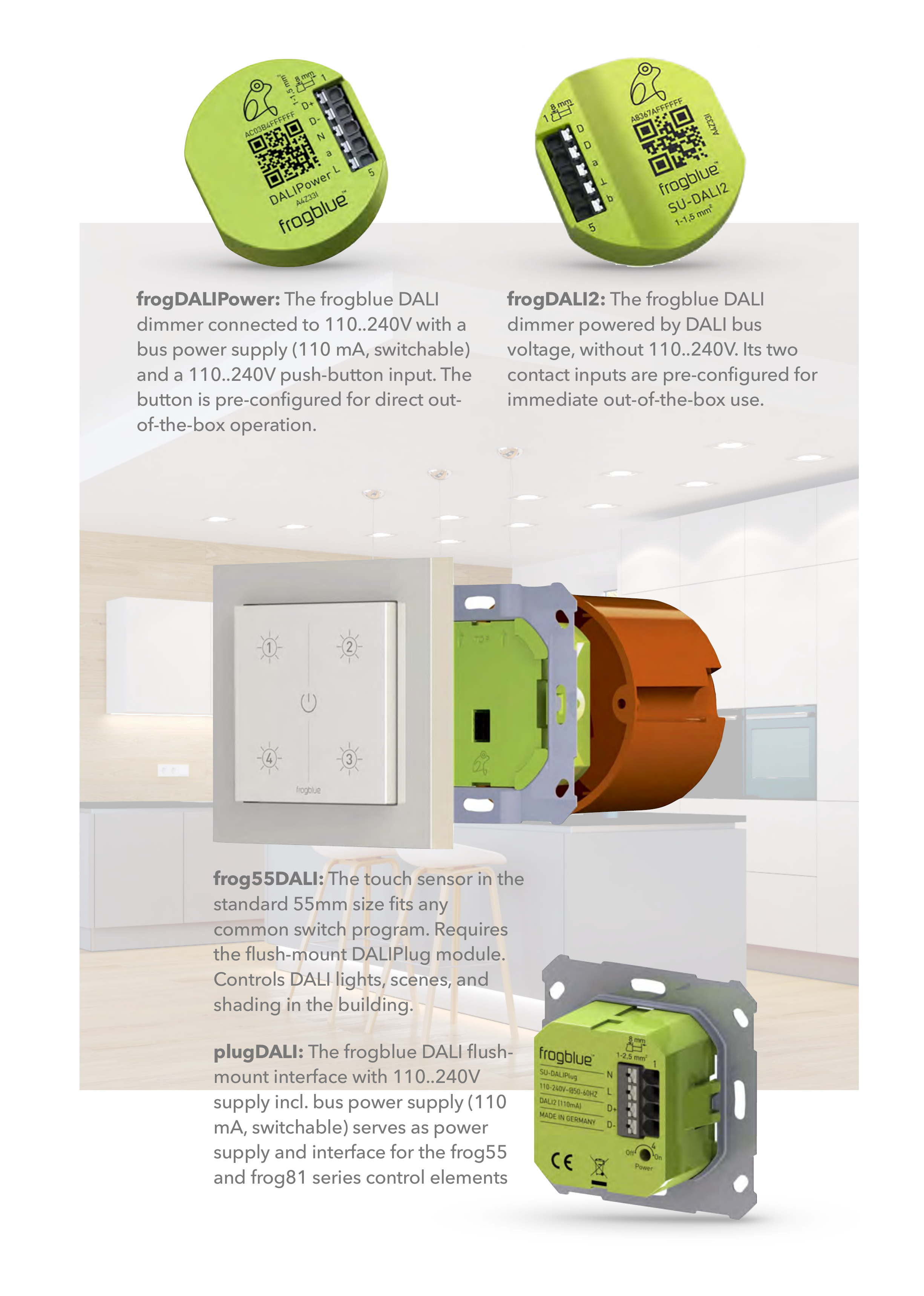 frogblue DALI products: frogDALIPower, frogDALI2, frog55DALI touch sensor and plugDALI flush-mount interface