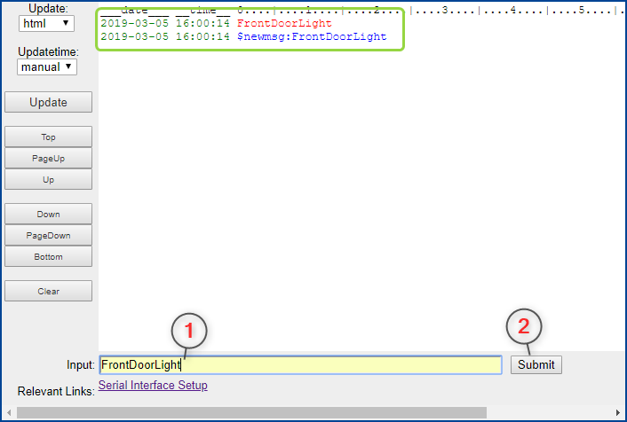 Serial Terminal — executing the FrontDoorLight message
