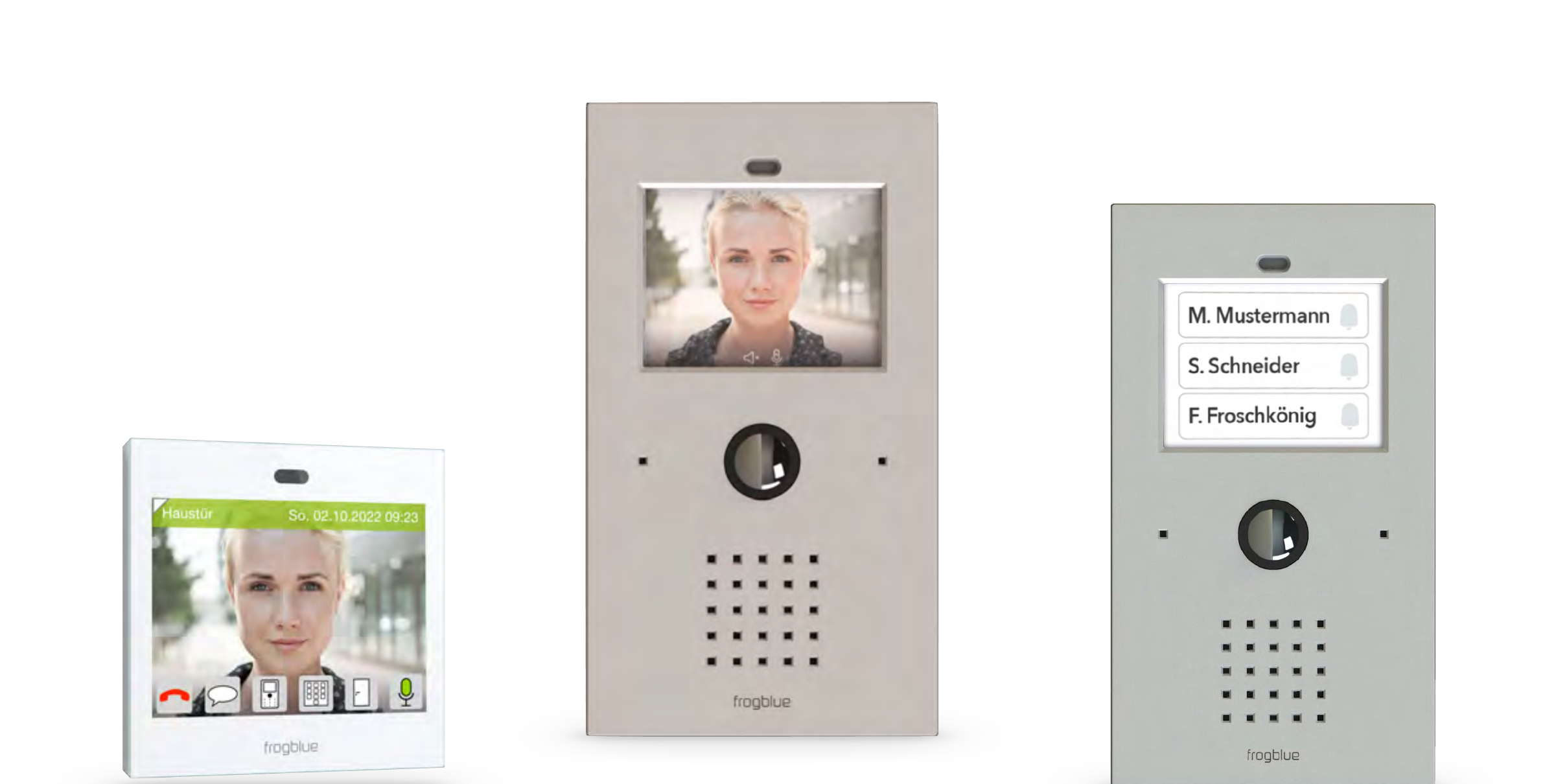 frogTerminal models: indoor station, exterior door station and multi-tenant station with name buttons