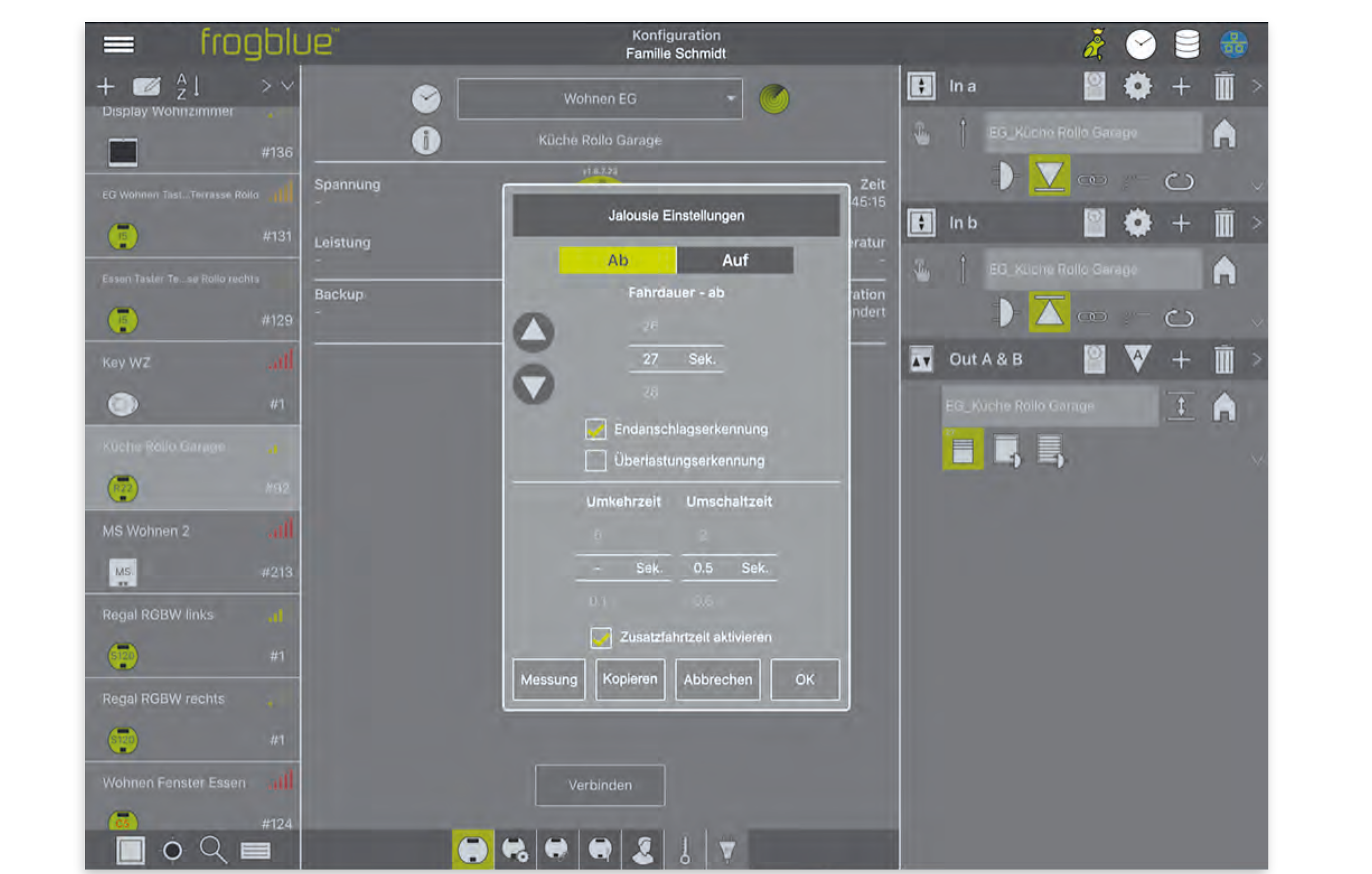ProjectApp blind settings dialog with travel time, end-stop detection and reversing time